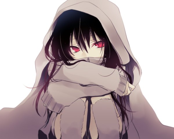 Anime picture 1500x1200 with original kuroi (liar-player) single long hair fringe black hair simple background red eyes white background sitting long sleeves covered mouth girl socks