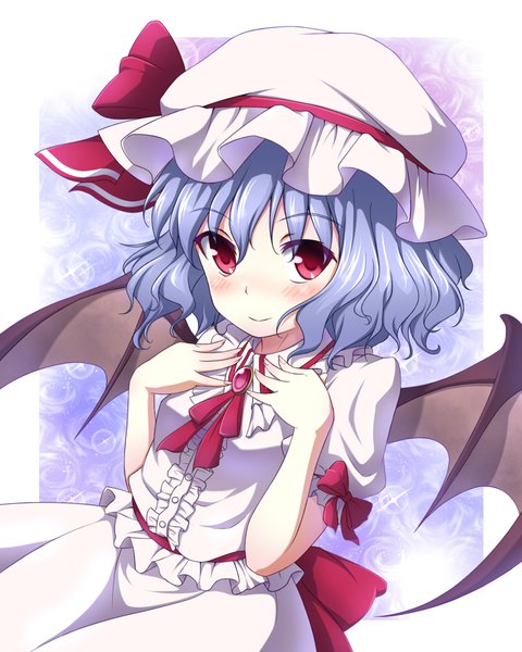 Anime picture 800x1000 with touhou remilia scarlet mount whip single tall image looking at viewer blush short hair smile red eyes purple hair sparkle puffy sleeves bat wings girl skirt hat wings bonnet skirt set