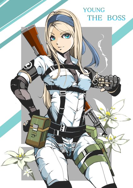 Anime picture 728x1032 with metal gear metal gear solid konami the boss kafemaru single long hair tall image looking at viewer breasts blonde hair aqua eyes hand on hip smoke smoking gun girl gloves flower (flowers) weapon black gloves