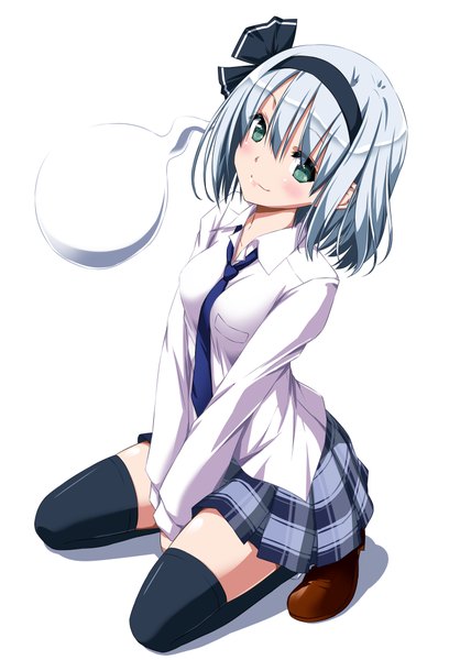 Anime picture 1488x2088 with touhou konpaku youmu nori tamago single tall image looking at viewer blush short hair blue eyes simple background white background silver hair girl thighhighs skirt black thighhighs miniskirt shirt necktie hairband