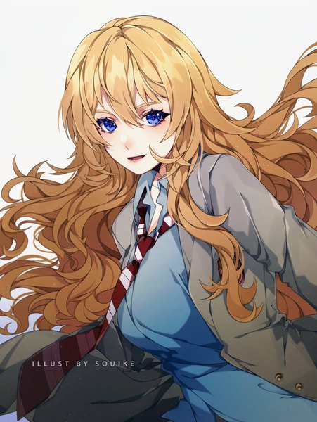 Anime picture 1800x2396 with shigatsu wa kimi no uso a-1 pictures miyazono kaori souike single long hair tall image looking at viewer fringe highres blue eyes simple background blonde hair hair between eyes white background signed upper body girl uniform school uniform