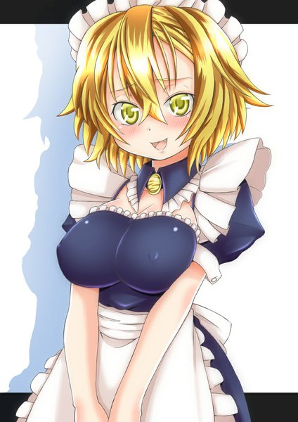 Anime picture 707x1000 with touhou toramaru shou ebi 193 single tall image blush fringe short hair breasts open mouth light erotic simple background blonde hair smile large breasts white background green eyes maid erect nipples covered nipples