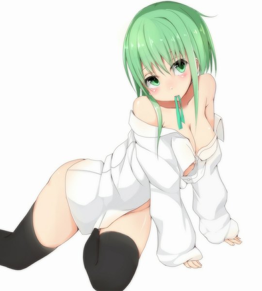 Anime picture 1051x1168 with vocaloid gumi ratsuku kinoko single tall image looking at viewer blush short hair breasts light erotic simple background white background holding green eyes green hair mouth hold ribbon in mouth girl thighhighs black thighhighs