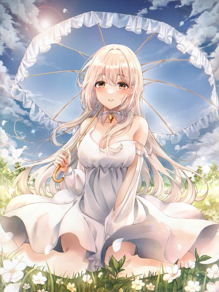 Anime picture 2872x3830 with original pippin sol single long hair tall image looking at viewer blush fringe highres breasts blonde hair hair between eyes large breasts sitting bare shoulders holding yellow eyes sky cleavage cloud (clouds)