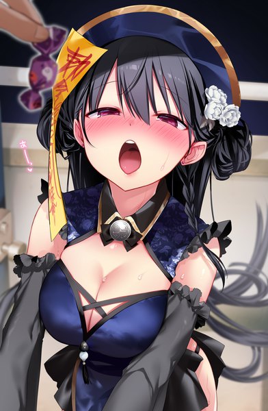 Anime picture 1985x3036 with original kurimochi chizuru long hair tall image looking at viewer blush fringe highres breasts open mouth light erotic black hair hair between eyes large breasts standing purple eyes holding cleavage braid (braids) hair flower