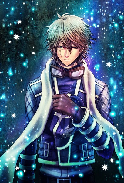 Anime-Bild 1000x1468 mit tegami bachi jiggy pepper chromebee single tall image looking at viewer fringe short hair blue eyes hair between eyes standing snowing scar hat removed headwear removed goggles around neck boy scarf goggles
