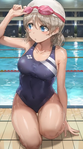 Anime picture 934x1674 with love live! sunshine!! sunrise (studio) love live! watanabe you free style (yohan1754) single tall image blush fringe short hair breasts blue eyes light erotic hair between eyes large breasts bare shoulders looking away bent knee (knees) indoors parted lips
