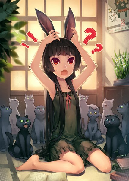 Anime picture 713x1000 with original lvans single long hair tall image fringe open mouth light erotic black hair red eyes sitting signed animal ears barefoot no bra bare legs shadow bunny ears legs happy