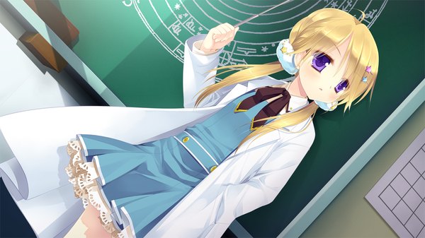 Anime picture 1280x720 with gangsta alcadia tokimori nozomi miyasu risa long hair blush blonde hair wide image purple eyes game cg girl dress hair ornament bobby pin star hair ornament labcoat