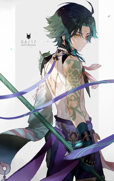 Anime picture 2508x3968 with genshin impact xiao (genshin impact) nnnnndan single tall image highres short hair standing yellow eyes looking away grey background tattoo dated outside border happy birthday dark hair pillarboxed boy