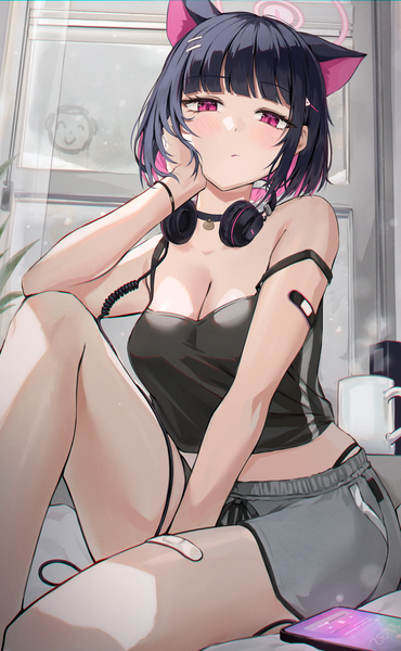 Anime picture 1850x3000 with blue archive kazusa (blue archive) sensei (blue archive) doodle sensei (blue archive) luzzi (milllim) single tall image looking at viewer blush fringe highres short hair light erotic black hair sitting bare shoulders animal ears indoors blunt bangs pink eyes