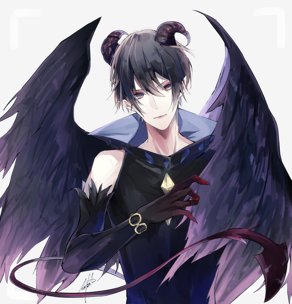 Anime picture 1378x1435 with tsukiuta uduki arata utkt single tall image looking at viewer fringe short hair black hair simple background hair between eyes white background bare shoulders signed upper body tail horn (horns) grey eyes eyeshadow demon tail