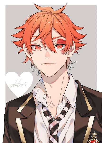 Anime picture 1067x1489 with twisted wonderland ace trappola nazutaro single tall image looking at viewer fringe short hair hair between eyes upper body orange hair orange eyes facial mark border open collar outside border boy necktie heart