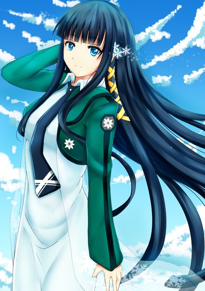 Anime picture 2894x4093 with mahouka koukou no rettousei shiba miyuki chiyo goya single long hair tall image looking at viewer highres blue eyes blue hair sky cloud (clouds) girl dress uniform hair ornament school uniform necktie snowflake hair ornament