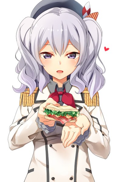 Anime picture 1968x2924 with kantai collection kashima training cruiser byte (allbyte) single long hair tall image blush fringe highres open mouth simple background white background purple eyes twintails purple hair wavy hair girl uniform food heart