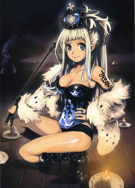Anime picture 2517x3487 with original haku (sabosoda) long hair tall image highres blue eyes light erotic cleavage white hair pointy ears tattoo hand on hip girl boots ring crown candle (candles)