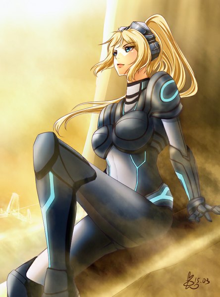 Anime picture 618x834 with starcraft heroes of the storm blizzard entertainment nova (starcraft) blackrabbit0626 single long hair tall image breasts blue eyes blonde hair sitting girl suit
