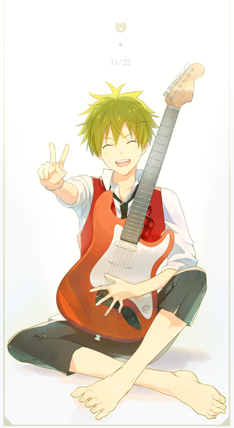 Anime picture 600x1092 with idolmaster idolmaster side-m akiyama hayato map (map imas) single tall image short hair open mouth simple background white background full body eyes closed barefoot green hair border victory ^ ^ boy vest musical instrument