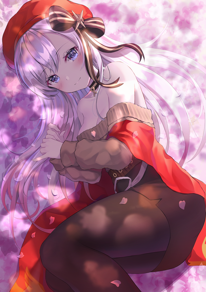 Anime picture 2276x3224 with azur lane belfast (azur lane) belfast (shopping with the head maid) (azur lane) hyonee single long hair tall image looking at viewer blush fringe highres breasts purple eyes bare shoulders cleavage silver hair bent knee (knees) lying long sleeves off shoulder