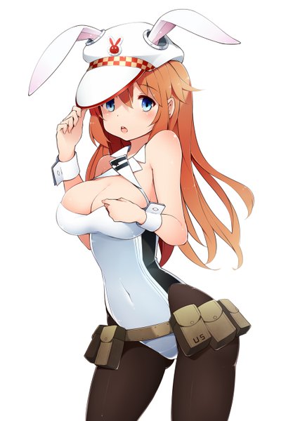 Anime picture 950x1400 with strike witches charlotte e yeager kinakomoti (artist) single long hair tall image looking at viewer blush breasts open mouth blue eyes light erotic simple background large breasts standing white background animal ears cleavage orange hair bunny ears