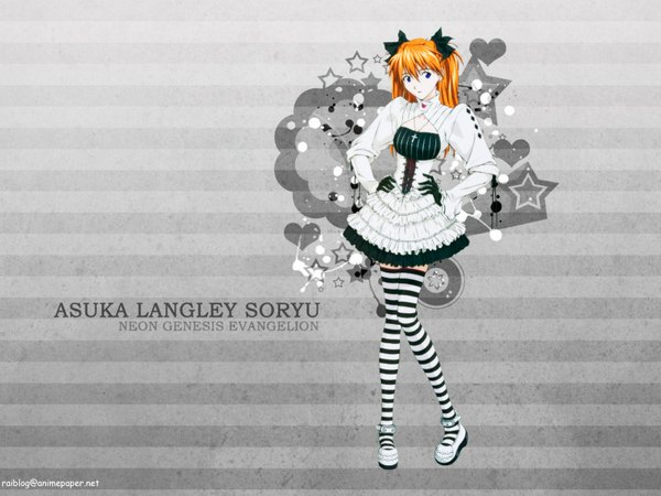 Anime picture 1600x1200 with neon genesis evangelion gainax soryu asuka langley fukano youichi single long hair blue eyes standing full body orange hair character names hand on hip third-party edit hands on hips formal girl thighhighs dress bow hair bow