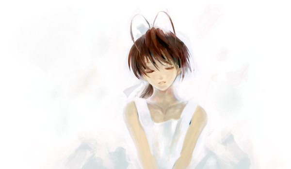 Anime picture 1000x584 with clannad key (studio) furukawa nagisa archlich single long hair brown hair wide image white background bare shoulders ahoge eyes closed girl sundress
