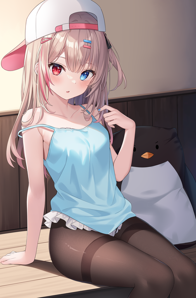 Anime picture 1100x1674 with original hitsukuya single long hair tall image looking at viewer blush fringe open mouth blue eyes light erotic red eyes brown hair sitting indoors blunt bangs nail polish multicolored hair arm up arm support