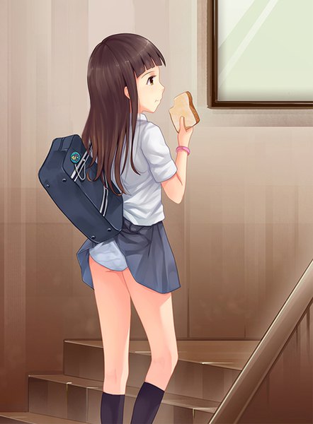 Anime picture 632x857 with original franksoft3 single long hair tall image fringe light erotic brown hair standing brown eyes looking away bent knee (knees) ass indoors from behind thighs skirt lift eating girl skirt