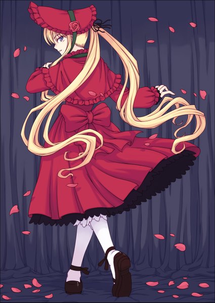Anime picture 2030x2865 with rozen maiden shinku orbg (artist) single long hair tall image highres blue eyes blonde hair ponytail looking back from behind back lolita fashion girl dress hair ornament petals red dress