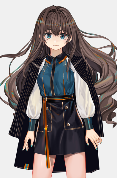 Anime picture 985x1500 with original luicent single long hair tall image looking at viewer fringe blue eyes simple background smile hair between eyes standing payot nail polish grey background floating hair clothes on shoulders double buttons aqua nail polish fashion
