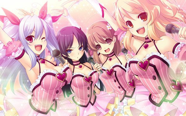 Anime picture 1920x1200 with chu x chu idol 2 prismatic princess union stars chuchu astram takamachi yukino long hair highres short hair open mouth blue eyes black hair blonde hair smile red eyes brown hair wide image multiple girls brown eyes blue hair game cg one eye closed