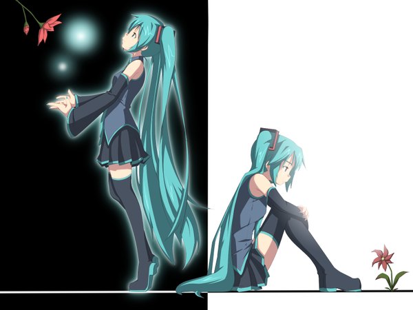 Anime picture 1600x1200 with vocaloid hatsune miku yuzuki kei sitting twintails bare shoulders very long hair profile aqua eyes aqua hair zettai ryouiki dual persona girl thighhighs skirt flower (flowers) black thighhighs detached sleeves thigh boots