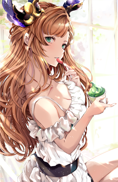 Anime picture 965x1487 with granblue fantasy song (granblue fantasy) hinahino single long hair tall image looking at viewer blush fringe breasts brown hair large breasts sitting holding green eyes cleavage sunlight head wings girl dress