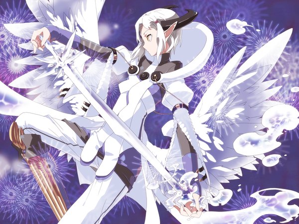 Anime picture 1600x1200 with ira96 single short hair white hair profile horn (horns) pointy ears magic angel wings girl weapon sword wings