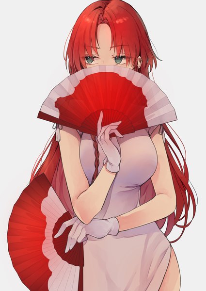 Anime picture 1450x2048 with touhou hong meiling risui (suzu rks) single long hair tall image fringe breasts simple background large breasts holding green eyes looking away red hair braid (braids) traditional clothes grey background short sleeves alternate costume chinese clothes