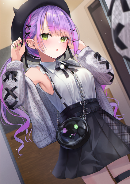 Anime picture 2894x4093 with virtual youtuber hololive tokoyami towa tokoyami towa (jirai kei) fuyoyo single long hair tall image looking at viewer blush highres twintails green eyes purple hair pointy ears :o piercing official alternate costume ear piercing reflection