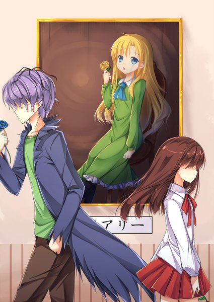 Anime picture 1075x1518 with ib (game) garry (ib) ib (ib) mary (ib) amemiya ruki long hair tall image short hair blue eyes blonde hair brown hair multiple girls purple hair girl dress boy skirt flower (flowers) 2 girls miniskirt