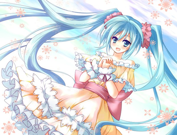 Anime picture 1400x1069 with vocaloid hatsune miku fuepo long hair open mouth blue eyes twintails blue hair girl dress