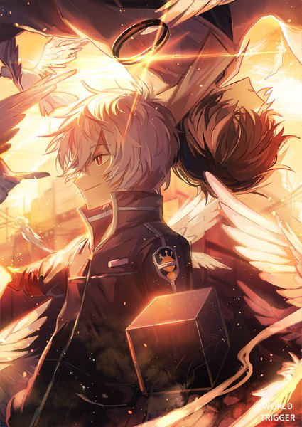 Anime picture 717x1011 with world trigger toei animation kuga yuuma mikumo osamu tsugutoku tall image short hair red eyes brown hair looking away silver hair profile multiple boys copyright name rotational symmetry boy animal bird (birds) 2 boys cube