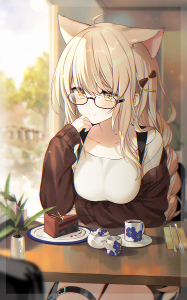 Anime picture 1500x2406 with original memeno single long hair tall image looking at viewer blush fringe breasts blonde hair hair between eyes large breasts sitting animal ears upper body ponytail indoors long sleeves cat ears extra ears