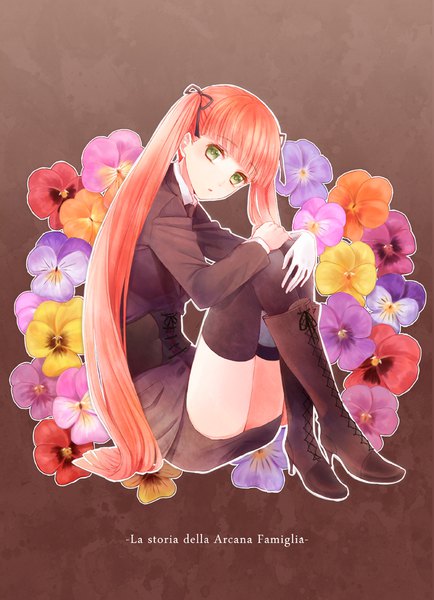 Anime picture 700x966 with arcana famiglia felicita shidomura single long hair tall image looking at viewer fringe twintails green eyes full body red hair blunt bangs text brown background leg hug girl thighhighs flower (flowers) black thighhighs