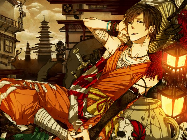 Anime picture 1200x900 with nico nico singer bis (nico nico singer) single short hair brown hair bare shoulders brown eyes sky cloud (clouds) lying city cityscape reclining boy weapon detached sleeves sword bracelet pendant building (buildings)