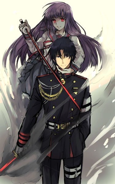 Anime picture 800x1280 with owari no seraph wit studio ichinose guren hiiragi mahiru kanro (3637 3637) long hair tall image looking at viewer fringe short hair black hair smile red eyes purple hair black eyes girl boy uniform weapon sword