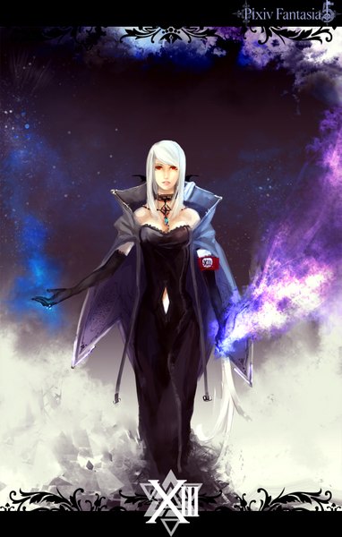 Anime picture 1131x1774 with original pixiv fantasia pixiv fantasia v dono ko (artist) single tall image red eyes white hair magic girl dress gloves elbow gloves pendant ring cloak