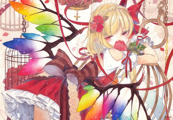 Anime picture 1973x1367 with touhou flandre scarlet toutenkou single long hair looking at viewer fringe highres blonde hair red eyes holding signed braid (braids) looking back pointy ears mouth hold traditional media crown braid low wings watercolor (medium)
