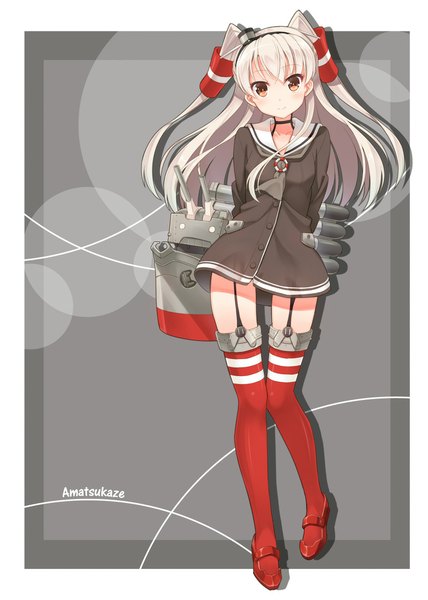 Anime picture 800x1122 with kantai collection amatsukaze destroyer hyuuga azuri single long hair tall image looking at viewer brown eyes white hair two side up girl thighhighs weapon hat hair tubes sailor suit mini hat mini top hat