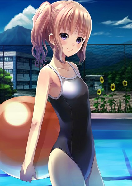 Anime picture 801x1134 with original tsumiwara single long hair tall image looking at viewer blush breasts light erotic smile brown hair standing purple eyes bare shoulders sky cloud (clouds) ponytail side ponytail flat chest mountain