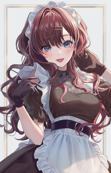 Anime picture 1916x3000 with idolmaster idolmaster cinderella girls ichinose shiki magako single long hair tall image looking at viewer blush fringe highres open mouth blue eyes simple background hair between eyes brown hair standing :d grey background arms up