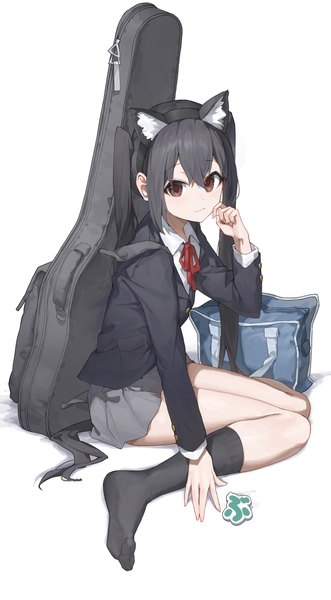 Anime-Bild 2072x3756 mit k-on! kyoto animation nakano azusa sentter single long hair tall image looking at viewer fringe highres black hair simple background hair between eyes white background sitting twintails brown eyes animal ears full body bent knee (knees)
