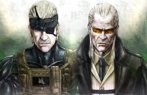 Anime picture 2000x1300 with mgs4 metal gear metal gear solid solid snake revolver ocelot liquid ocelot solidus snake 928 (artist) highres white hair old man boy necktie eyepatch vest sunglasses suit beard mustache
